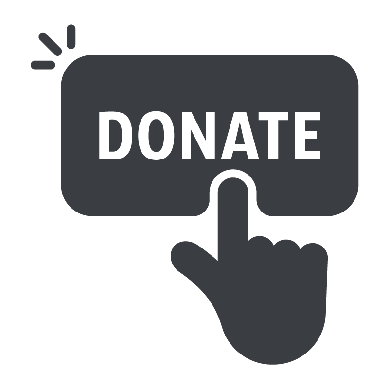 An icon of a hand pushing a button that says donate